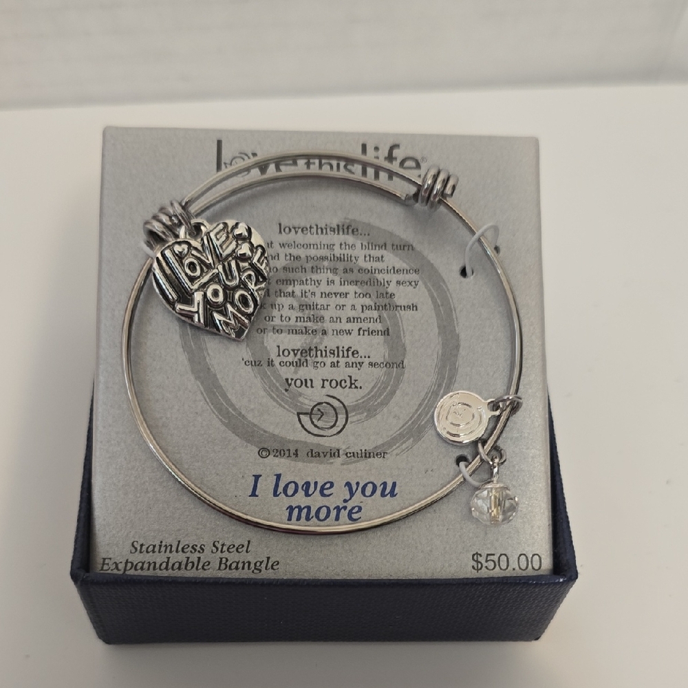 DAVID CULINER "Love This Life" Silver Charm Bracelet with Adjustable Bangle